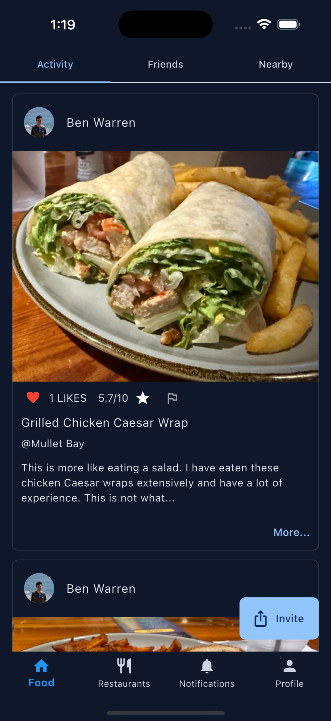 MenuScouter activity feed showing friend food recommendations