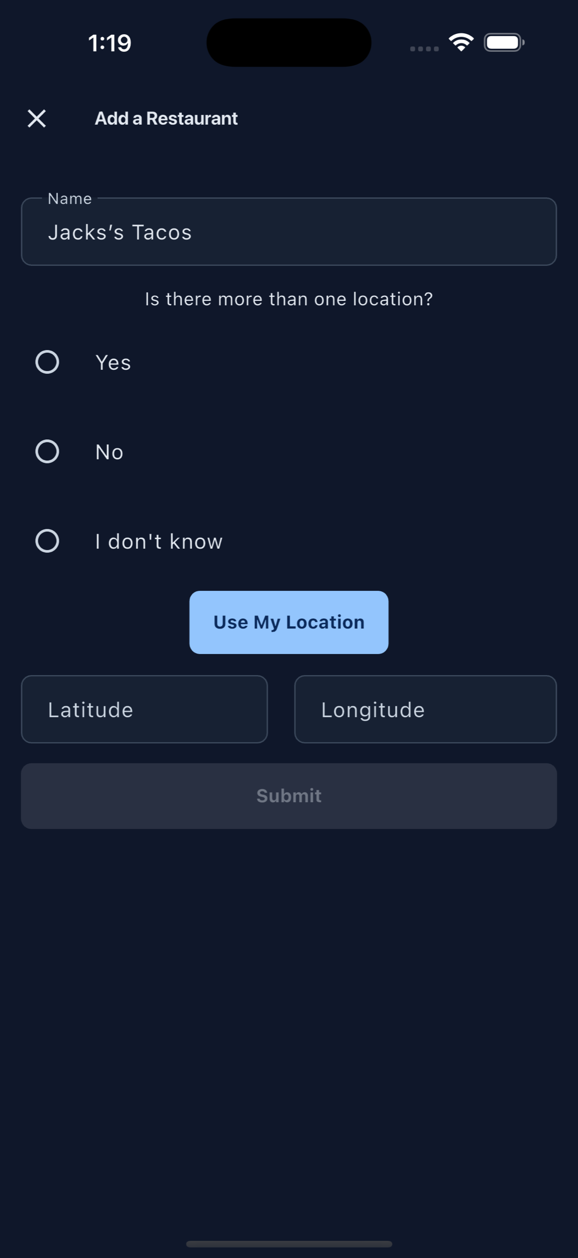 MenuScouter add a restaurant screen