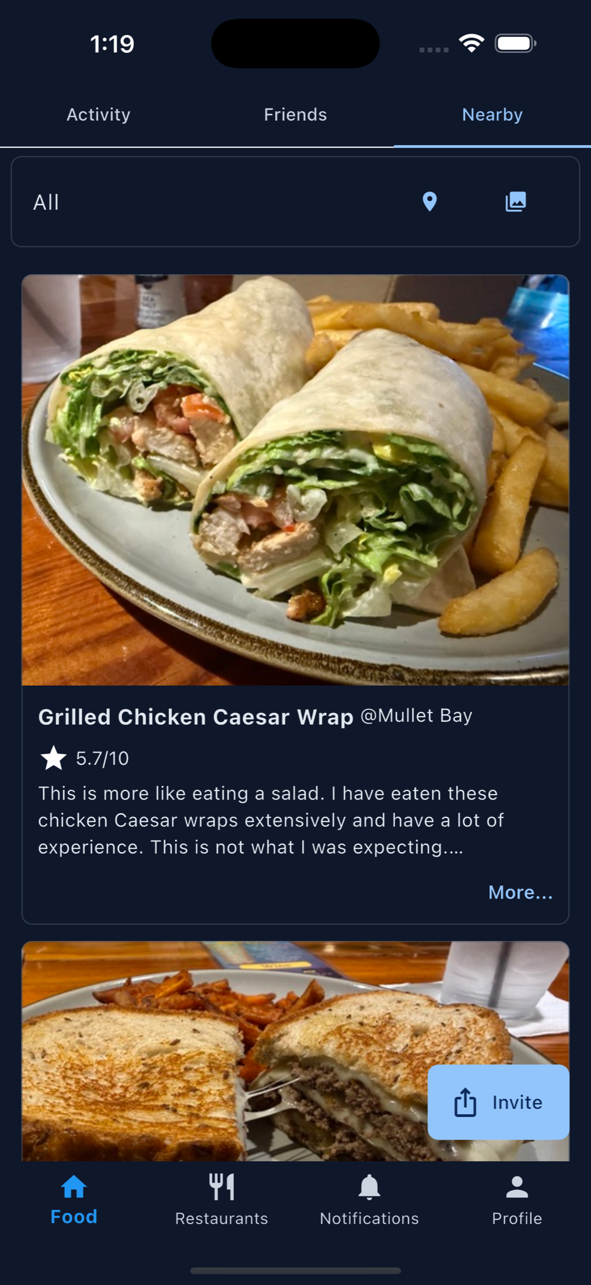 MenuScouter app showing nearby food discovery
