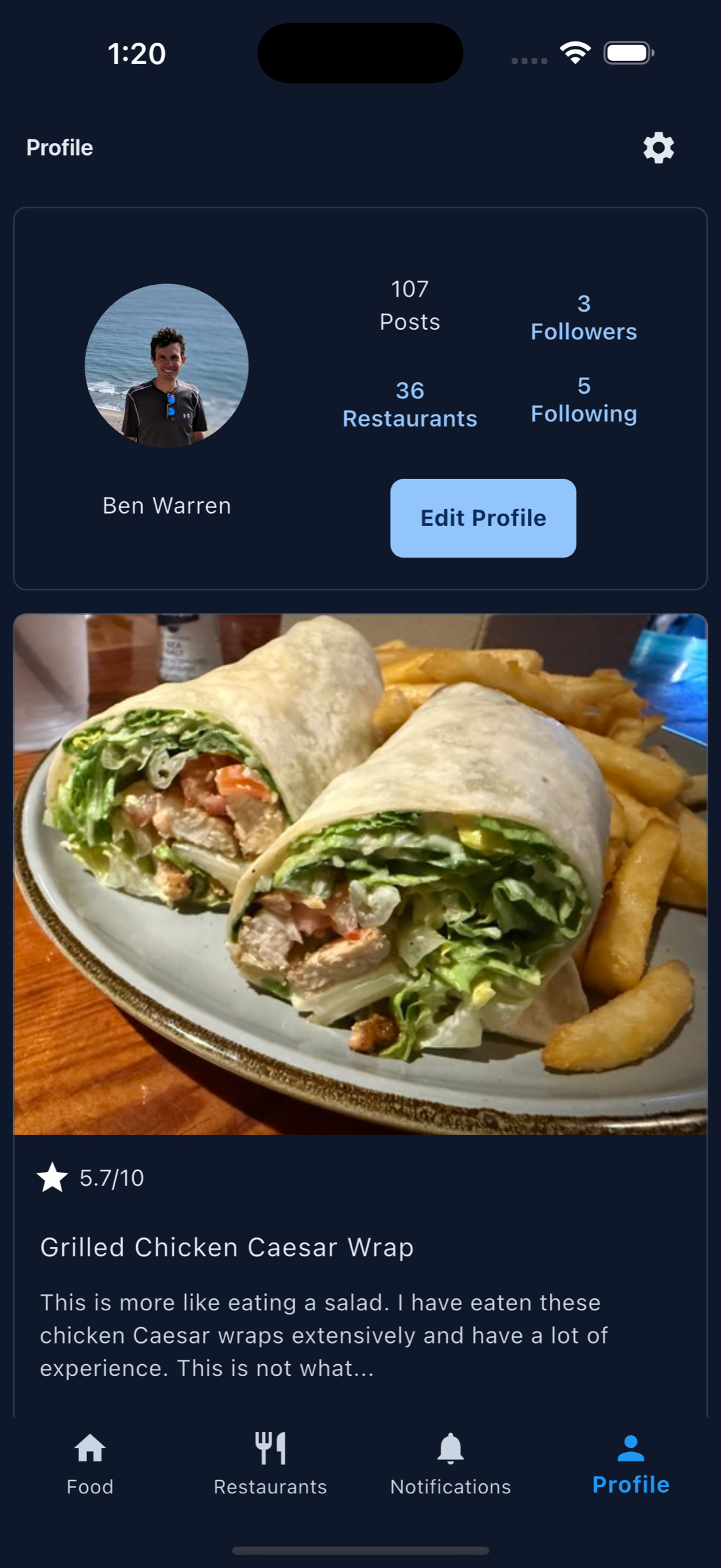 MenuScouter profile showing customer food activity and recommendations