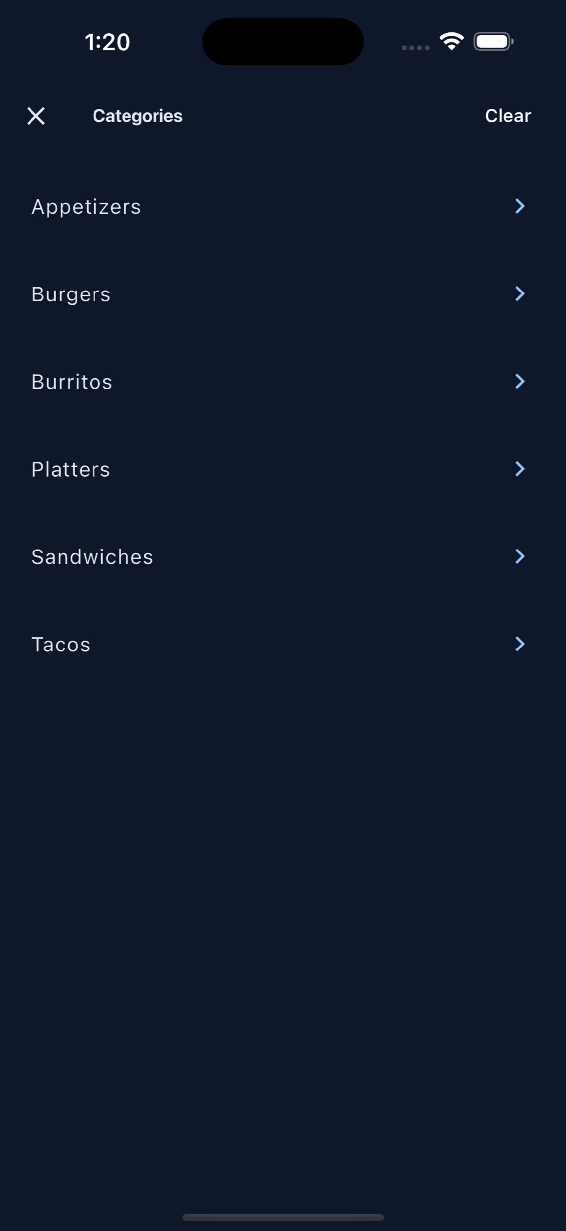 MenuScouter restaurant categories screen
