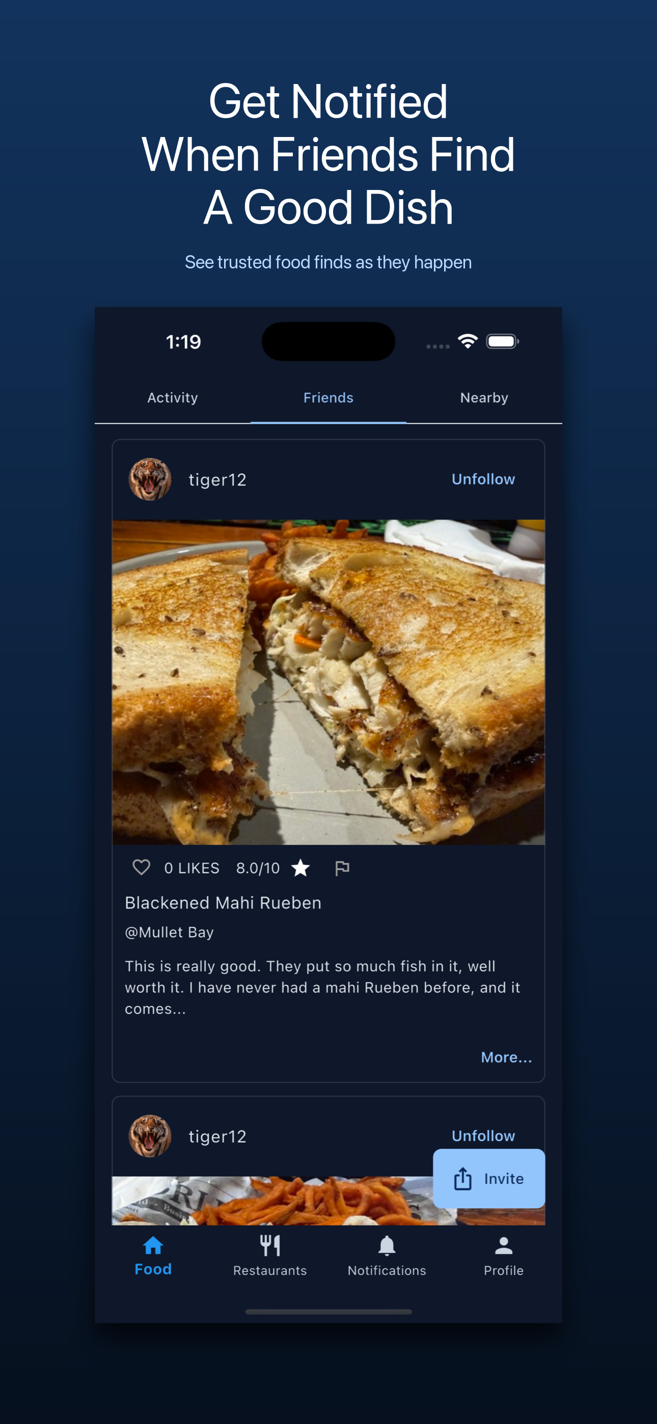 MenuScouter screenshot showing friends finding good dishes