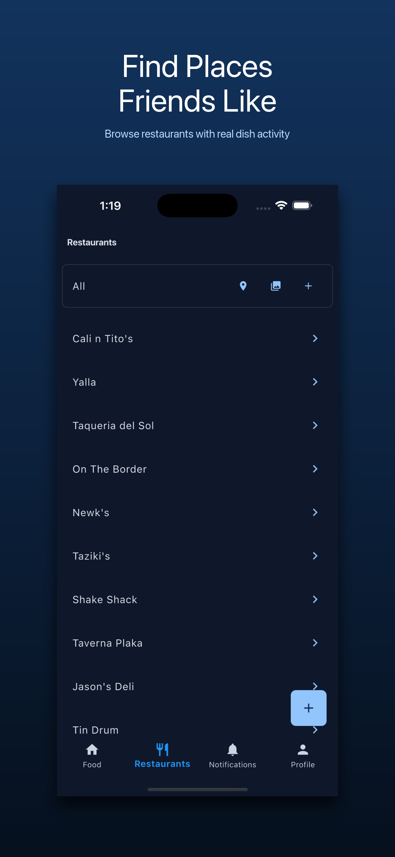 MenuScouter screenshot showing places friends like