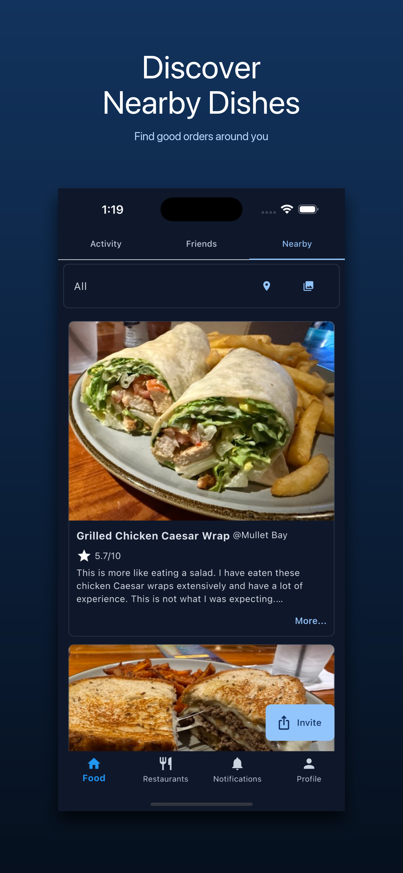 MenuScouter screenshot showing nearby dish discovery