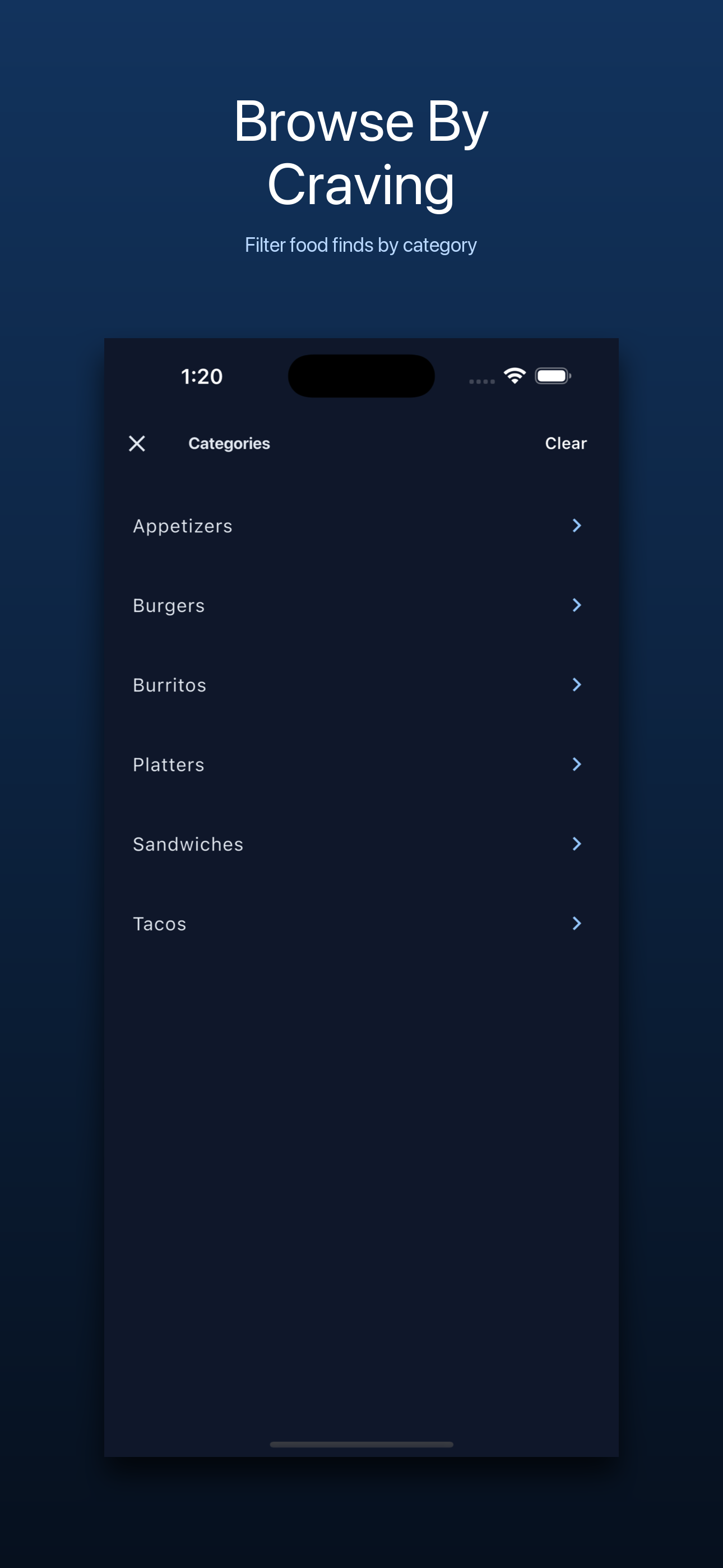 MenuScouter screenshot showing food categories by craving