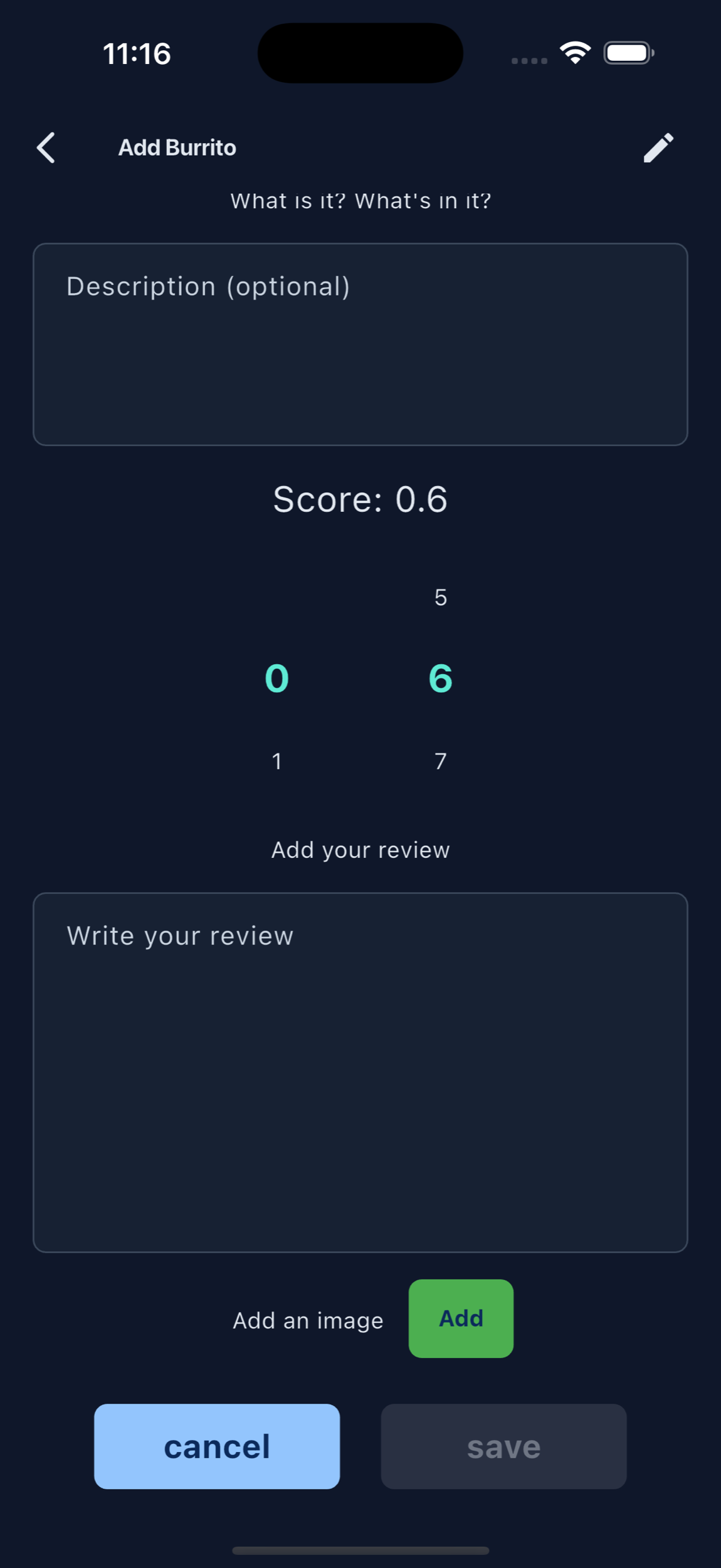 MenuScouter Add Item screen showing score, review, image upload, cancel, and save controls