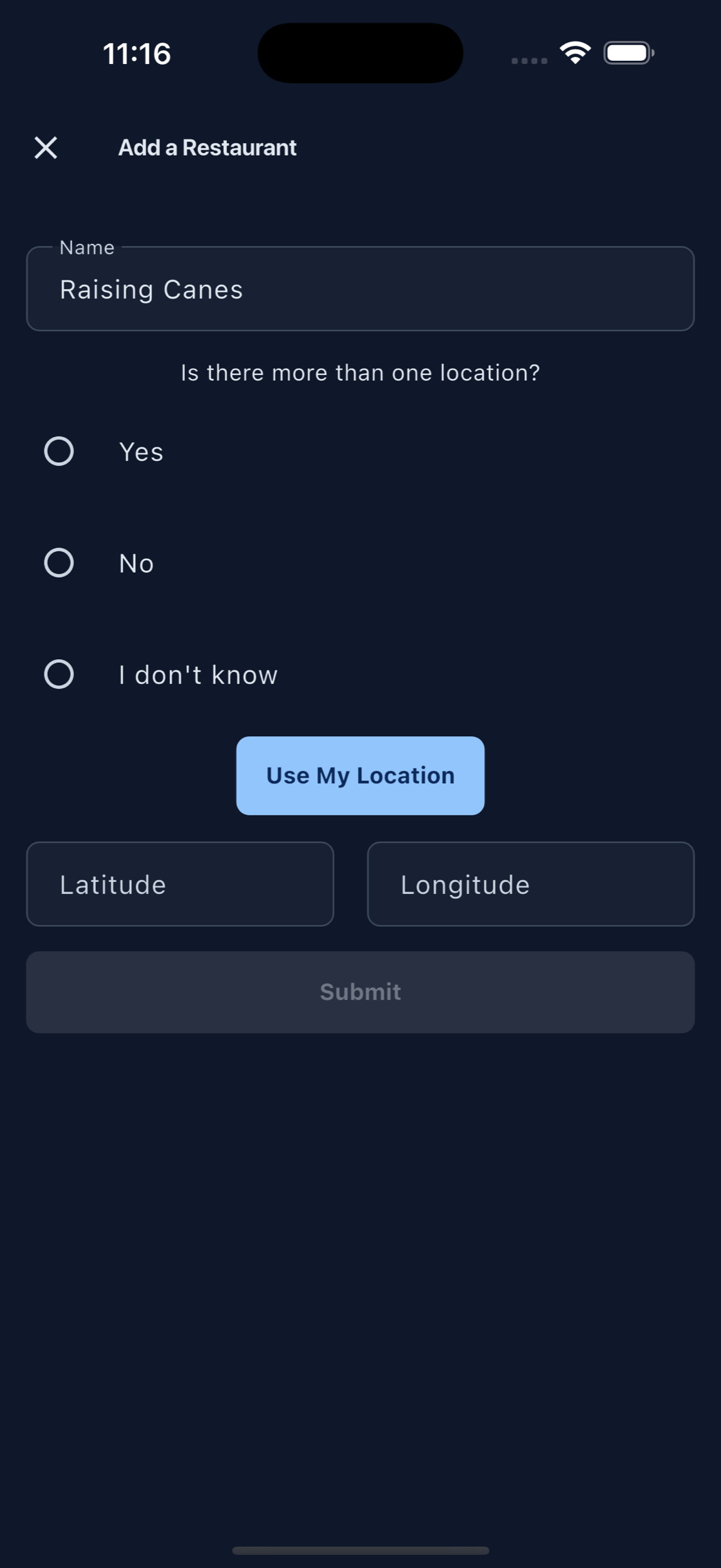 MenuScouter Add Restaurant screen with name, chain, location, latitude, longitude, and submit fields